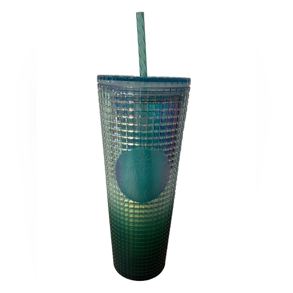 🥤Buy 2 Cups Get 1 FREE - Starbucks Cups - Iridescent Jade Green Grid Ombre Teal